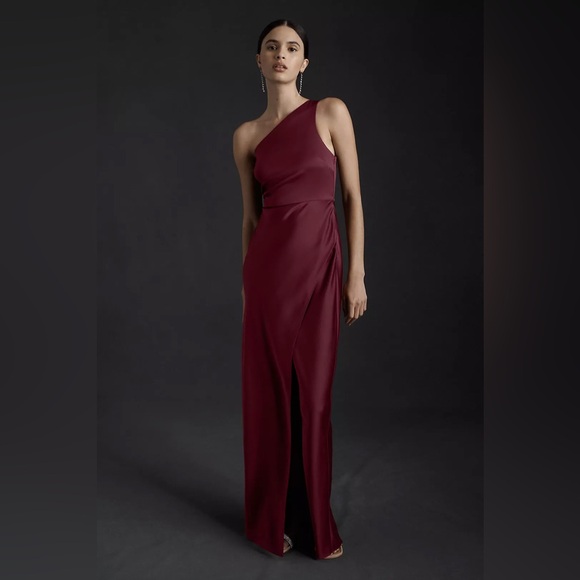 BHLDN Dresses & Skirts - BHLDN Dylan One-Shoulder Satin Side-Slit Gown Size 6 In Dark Berry